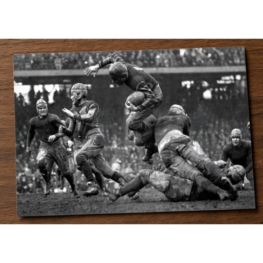 Vintage Black and White Football Action Photo Leather Helmets Stadium Print 5x7